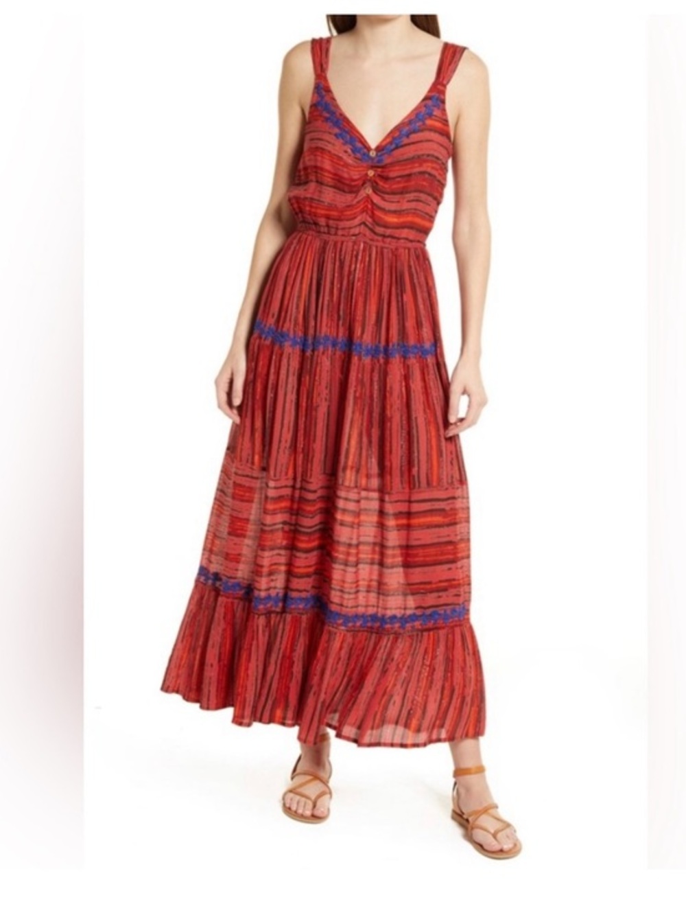RAGA Josefina Tiered Maxi Dress Lurex Embroidered Red Blue